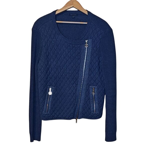 Tommy Hilfiger Sweater Jacket Womens Large Blue Quilted Moto Asym Zip Pockets - Picture 1 of 15
